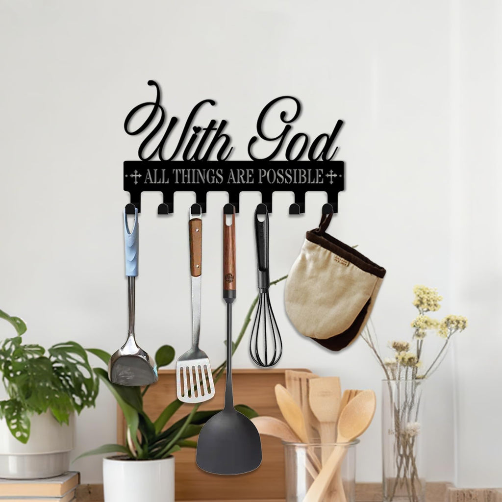 Key Holder Wall Mount, with God All Things are Possible Sign, Key Holder Wall for Wall Decorative with 6 Hooks, Organizer Rack Hanger for Entryway, Front Door, Hallway, Office 9.8 inches