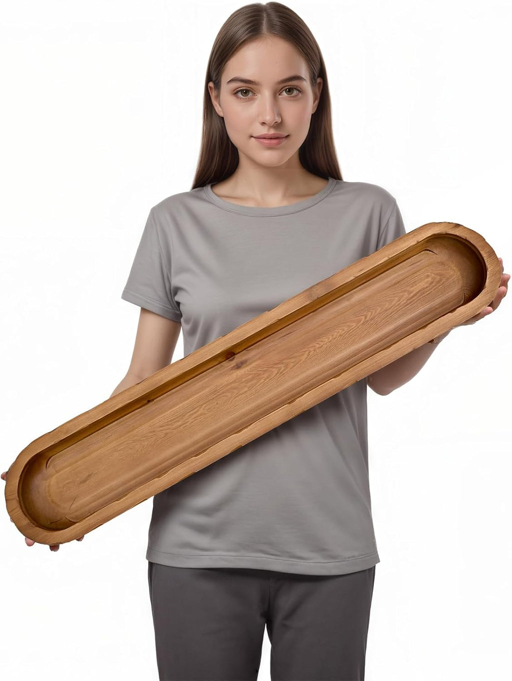 SwallowLiving Rustic Hand Carved Decorative Wood Dough Bowl, Approx 30-Inch Large Bread-Shaped Centerpiece, Long Wooden Bowl for Home Decor