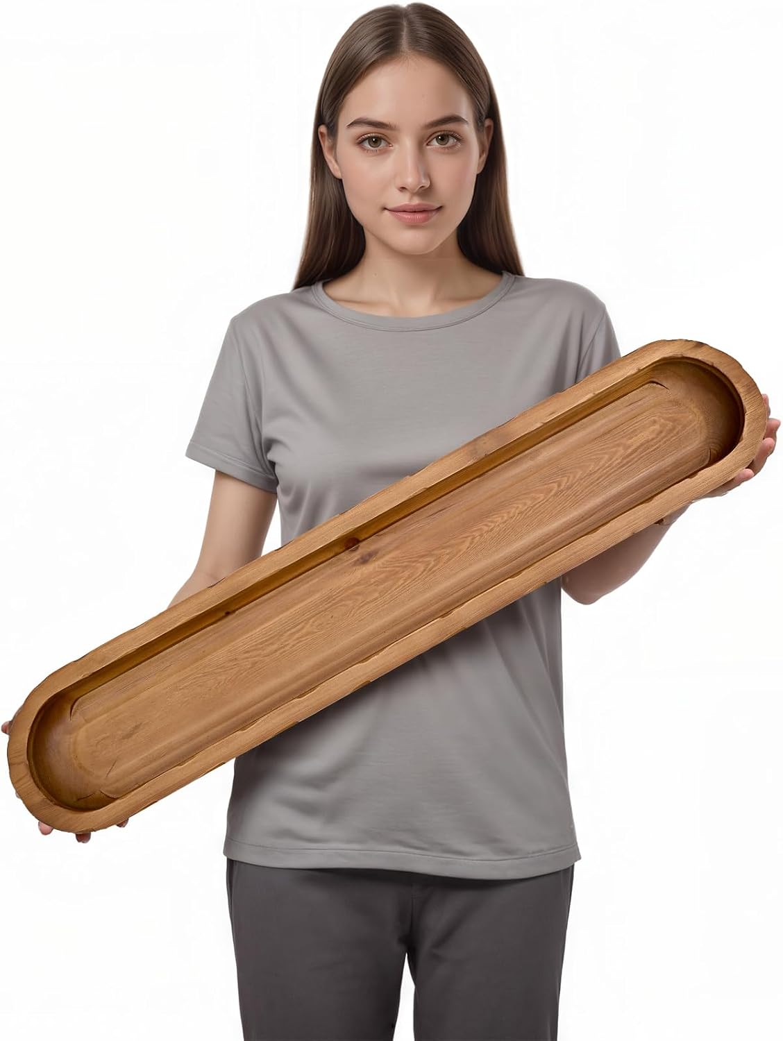 SwallowLiving Rustic Hand Carved Decorative Wood Dough Bowl, Approx 30-Inch Large Bread-Shaped Centerpiece, Long Wooden Bowl for Home Decor