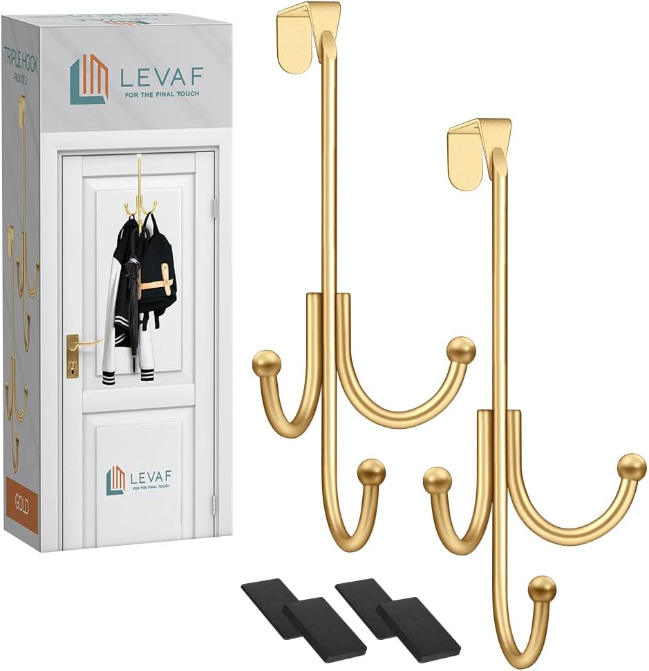 2-Pack Over The Door Hook - with 3 Hang Heads & Snug Fit Pads- 2Pcs Heavy Duty Hooks for Hanging Coats, Towels, Caps & Robes - Elegant Matt Finish - No Drill Hanger Organizer - Gold