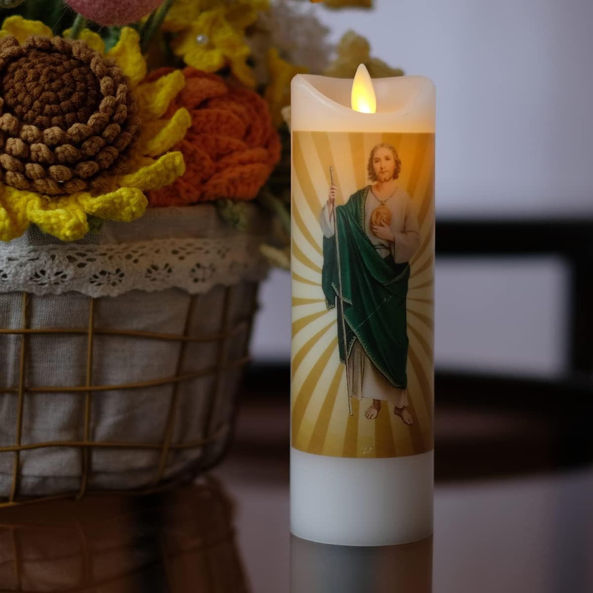 NONNO & ZGF Saint Judes Flameless Prayer Candle, Real Wax, Moving Wick, St Jude Devotion Battery Operated Candles with Remote Timer Function, Bright Flicker Light