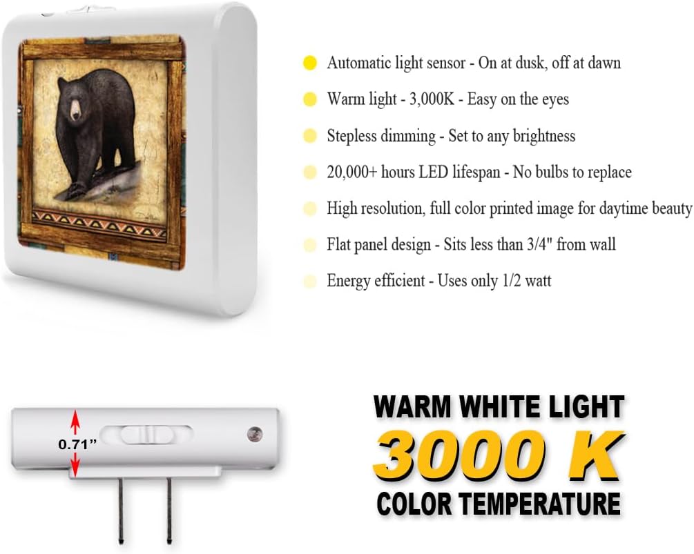 Art Plates Dimmable LED Night Light - Rustic Black Bear Print - Plug-in with Dusk to Dawn Sensor, Adjustable Brightness - Ideal for Bathroom, Bedroom, Cabin, Hallway, Kitchen