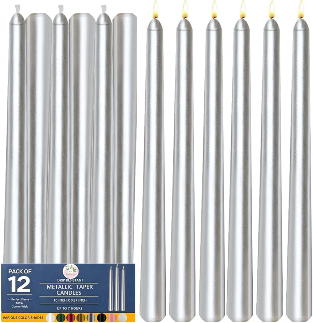 12 Pack Unscented Metallic Silver Taper Candles, Dripless Smokeless
