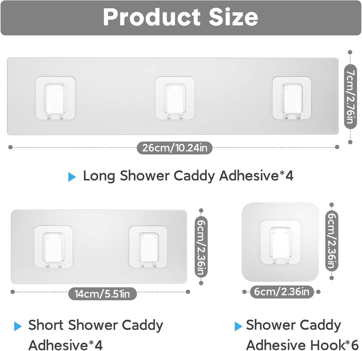 14 Pack Shower Caddy Adhesive Replacement, Waterproof Shower Shelf Adhesive Strips, Strong Adhesive Flat Hooks for Bathroom Storage Shelves and Kitchen Racks No Drilling, Clear