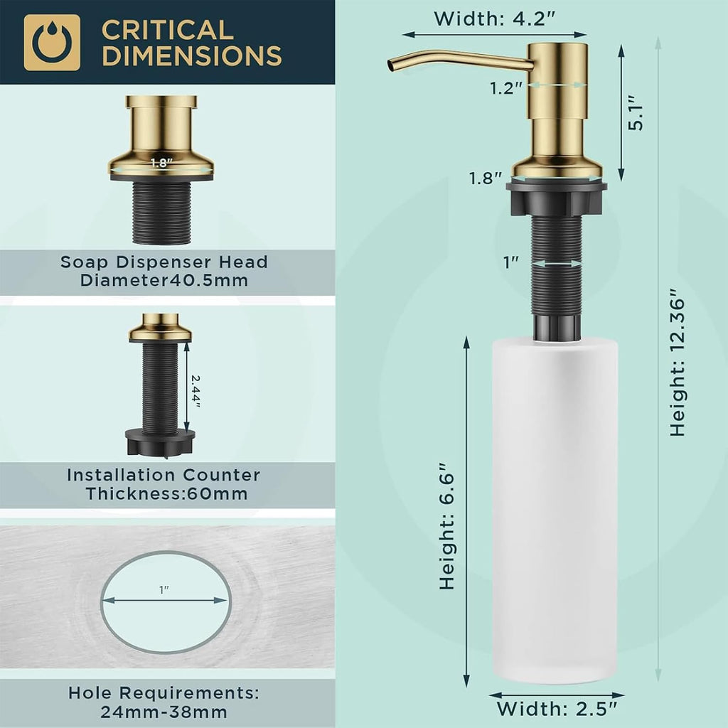 FORIOUS Brushed Gold Soap Dispenser for Kitchen Sink with 17 oz Bottle