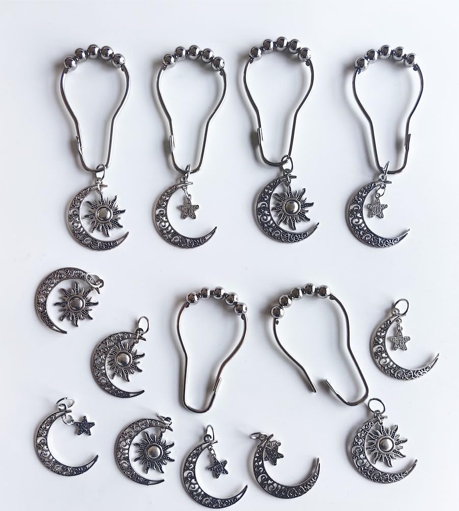 Decorative Sun Moon Celestial Shower Curtain Hooks Rings Set of 12, Silver