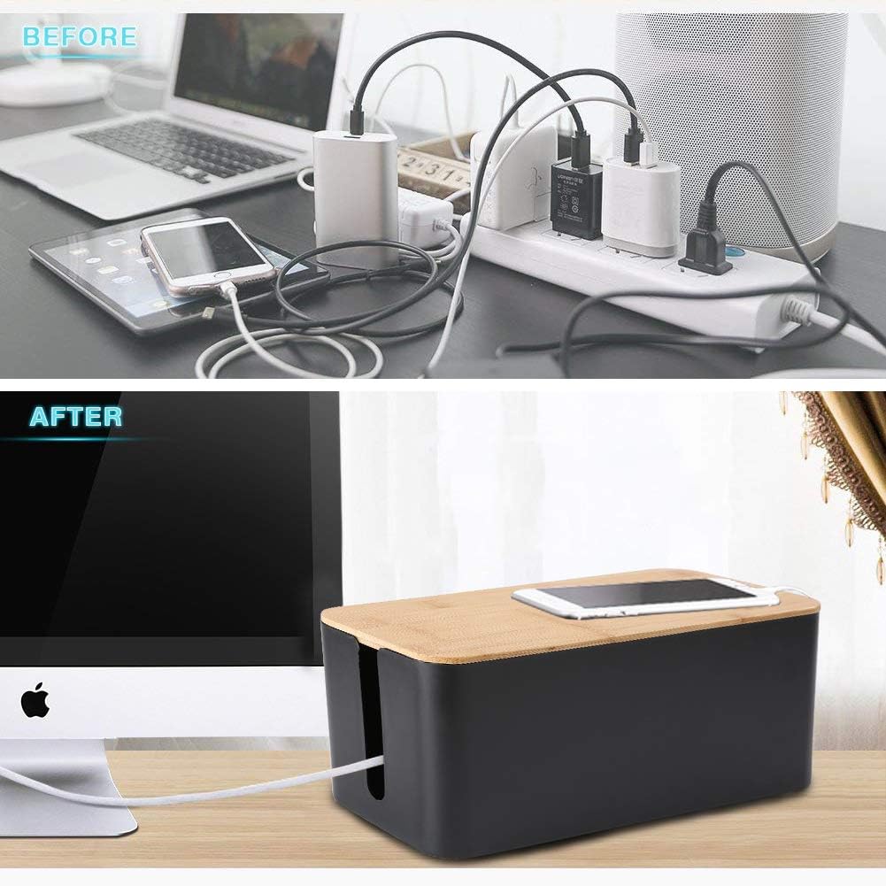 PowerKing Cable Management Boxes Organizer, Bamboo Lid, Large Storage Wires Keeper Holder for Desk, TV, Computer, USB Hub, System to Cover and Hide & Power Strips & Cords (Luxury Black)