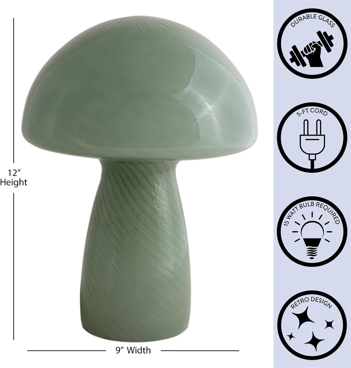Urban Lifestyle 12" Green Striped Glass Mushroom Lamp, Modern Retro Table Lamp for Bedroom, Living Room, or Office Décor