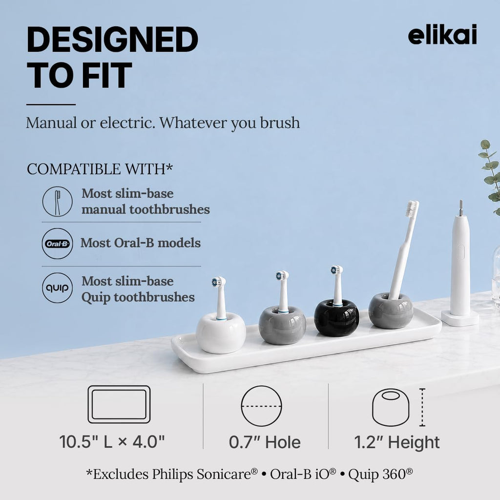 ELIKAI Ceramic Toothbrush Holders with Bathroom Tray, Countertop Organizer for Toothbrushes and Accessories, Hygienic Individual Holder Set (Black, Grey & White, 4 Holders)