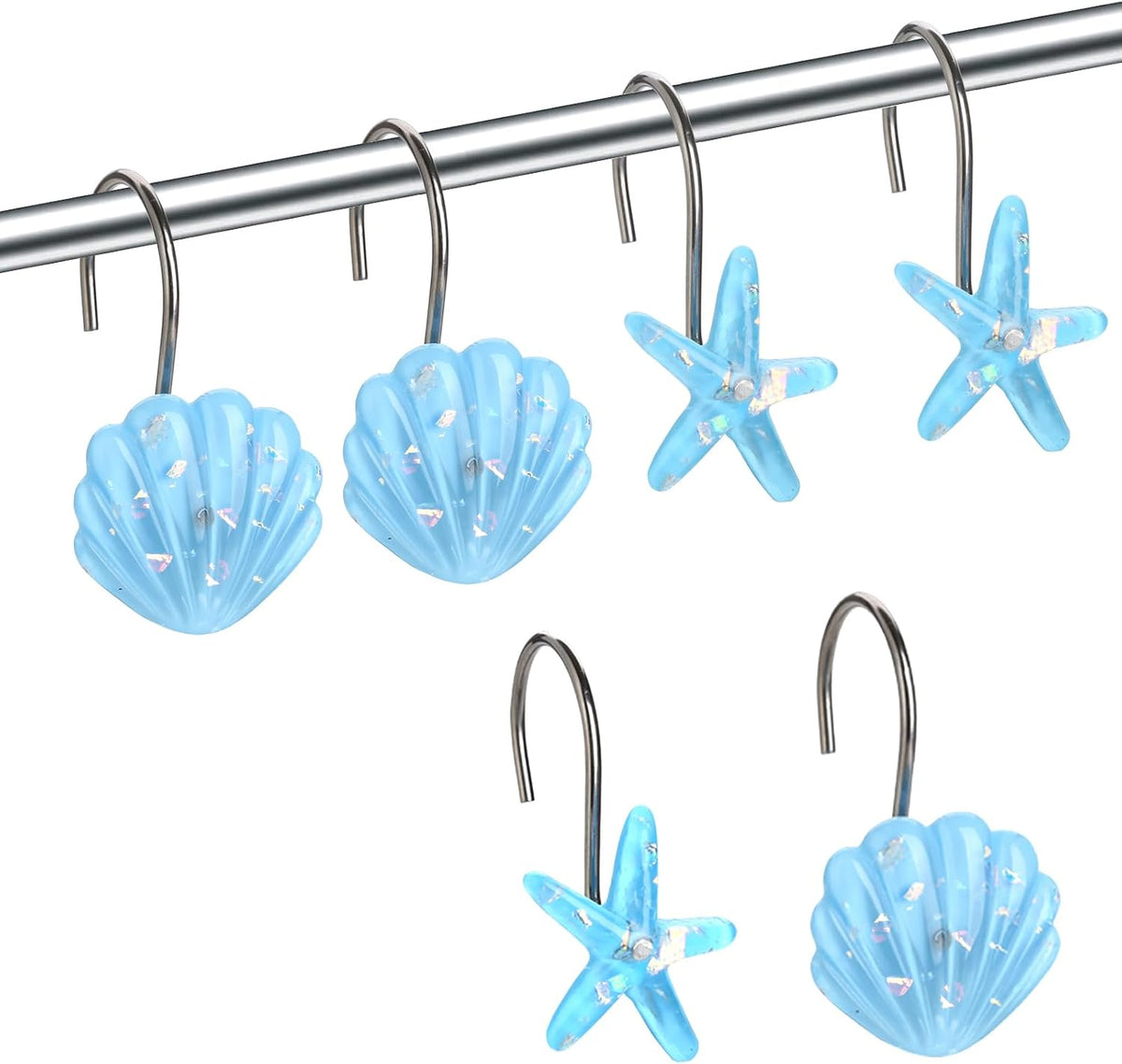 Seashell Shower Curtain Hooks, 12PCS Stainless Steel Anti Rust Starfish and Seashell Decorative Shower Hooks Ocean Theme Shower Curtain Hooks for Home Bathroom (Blue Seashell)