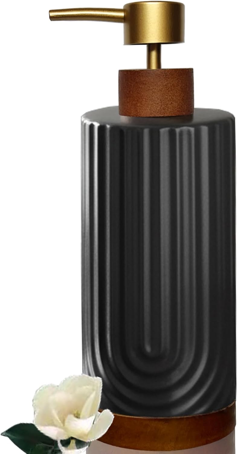 Black Soap Dispenser,Ceramic with Wood Hand Soap Dispenser, 16oz Refillable Liquid Bottle, for Modern Home Decor, Bathroom, Kitchen Countertop, Hotel (Black)