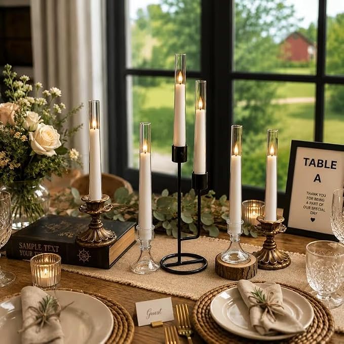 MUMCHASI White Flameless Candles, Battery Operated Taper Candles for Wedding, 6 Pcs LED Candlesticks, Acrylic Flickering Candlelights with Remote for Home Table Wedding Party Decor H9.45”