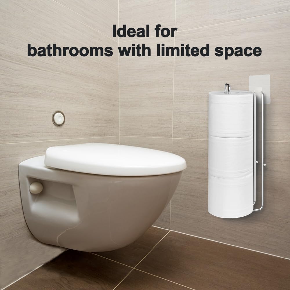 Silver Extra Toilet Paper Storage for 3 Roll Tissue Over The Tank Toilet Paper Roll Holder Stainless Steel Adhesive Hanging Toilets Tissue Holder Wall Mounted for Bathroom RV Camper(2 Pack)