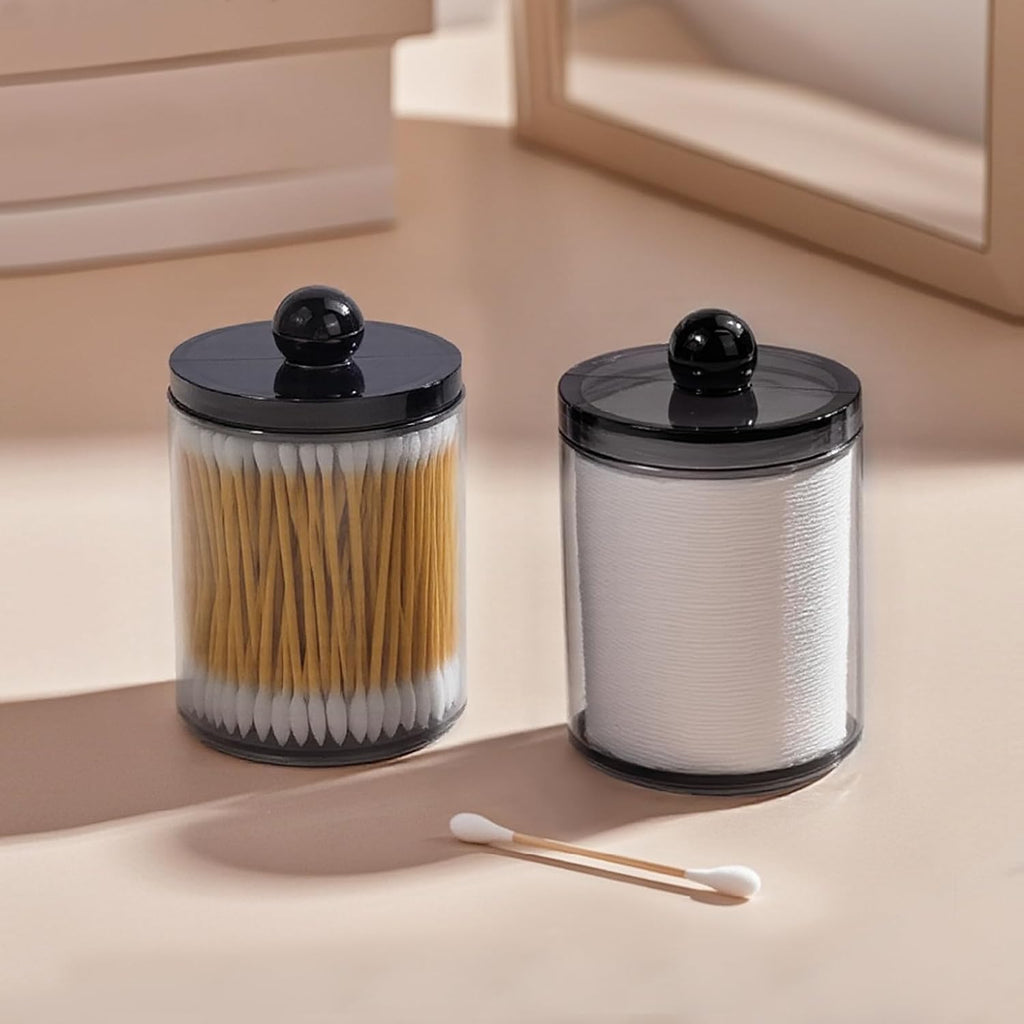 2-Pack Black Plastic Qtip and Cotton Swab Holder Dispenser Set for Bathroom Vanity Organization - Storage for Cotton Balls, Rounds, Floss Picks, Hair Clips