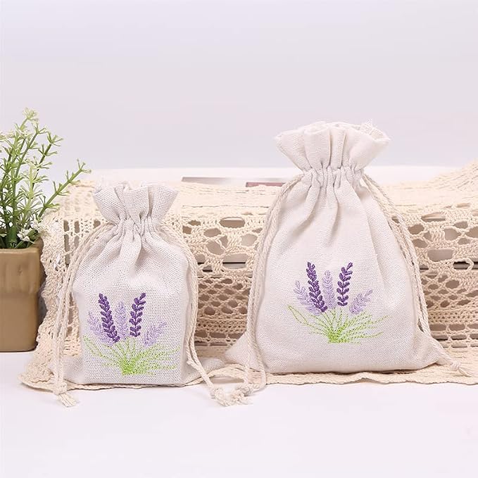 blissfulmilo 10pcs Sachet Bags,Cotton Drawstring Bags,Lavender Pouches, Small Jewelry Pouch Empty Sachet Bags with Lavender Pattern for DIY Wedding Party Supplies