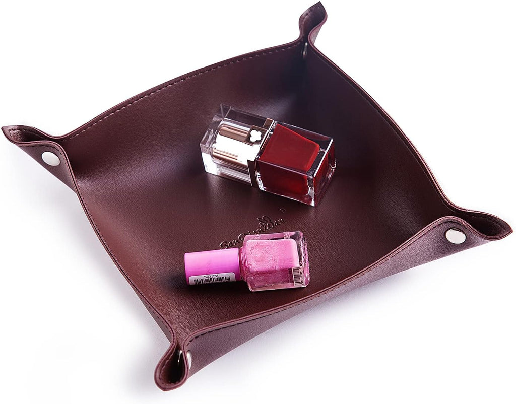 Leather Jewelry Valet Tray for Women and Man, Portable Entryway Table Tray Bedside Nightstand Desk Tray Small Catchall Travel Dish Plate for Key,Wallet,Watch,Coin(8x8, Deep Brown-B)