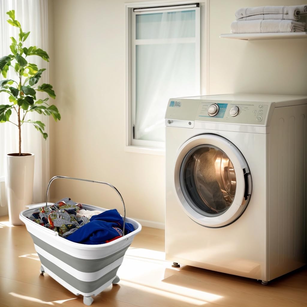 SAMMART 35L (9.24 Gallons) Collapsible Plastic Laundry Basket with Handle and Wheels - Foldable Pop Up Storage Container/Washing Tub - Space Saving (1, White/Grey)