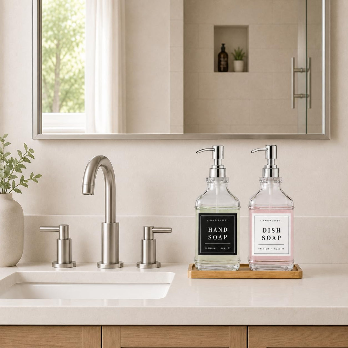 Kitchen Glass Soap Dispenser Set with Tray 2 with Silver Rust Proof Pump