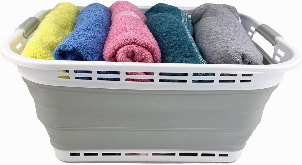 SAMMART 42L (11 gallons) Collapsible Plastic Laundry Hamper/Basket - Foldable Storage Container/Organizer - Portable Laundry Basket - Easy Storage Space Saving (White/Light Grey)