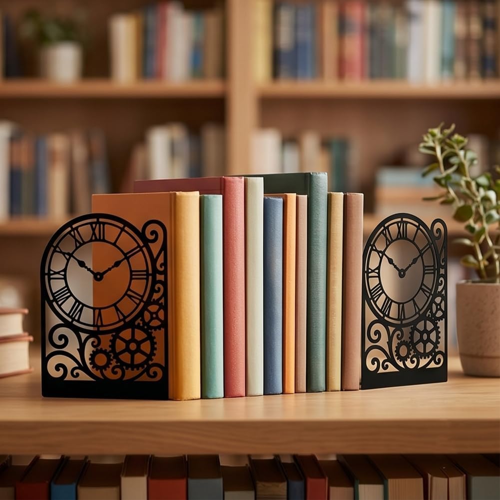 Clock Metal Bookends for Shelves, Timeless Clock Design Book Ends for Bookshelf Decorative Books, Book Ends for Heavy Books Used for Home Office Desk Organizer and Library Decor