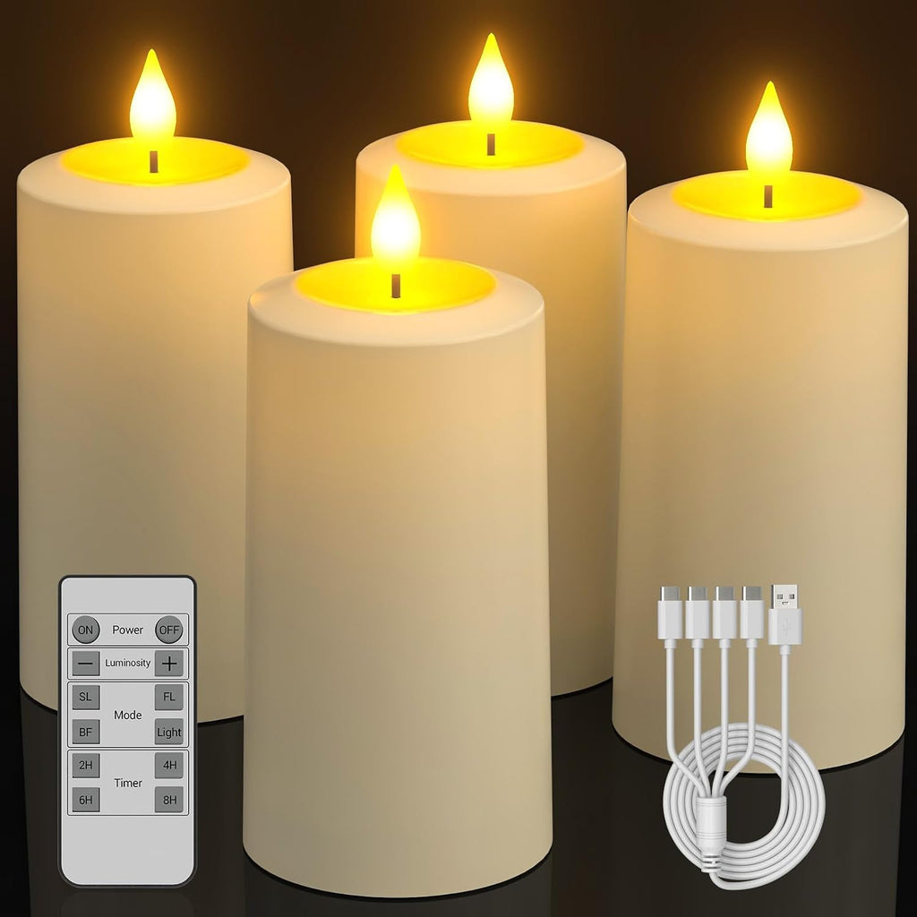 SoulBay Flameless LED Candles, 4-Pack USB Rechargeable, Flickering Waterproof White Pillar Candles with Remote Control Timer for Outdoor Lantern Patio Yard Indoor Holiday Decor, 2.75 x 5.1 Inches