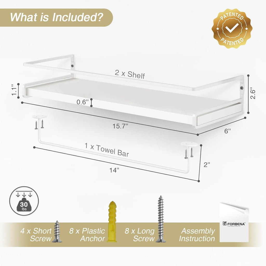 Forbena Bathroom Shelves for Wall Set of 2, White Nursery Floating Book Shelves for Kids Room, Small Wall Mount Bookshelf and Toy Storage Organizer for Baby Toddlers Teens Boys Girls Bedroom