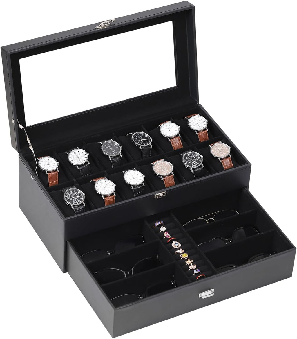 AUTOARK Leather & Velvet Watch Box & Sunglass Organizer,Black,MKAW039