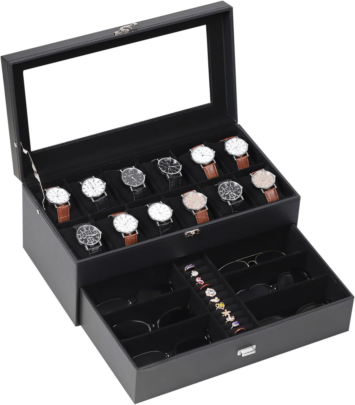 AUTOARK Leather & Velvet Watch Box & Sunglass Organizer,Black,MKAW039