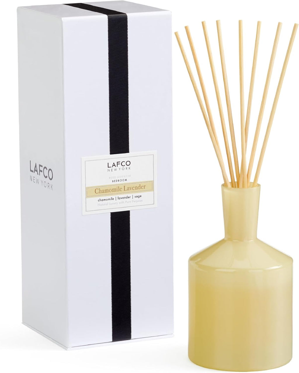 LAFCO New York Classic Reed Diffuser, Chamomile Lavender - 6 oz - Up to 3 Months Fragrance Life - Reusable, Hand Blown Glass Vessel - Natural Wood Reeds - Made in the USA