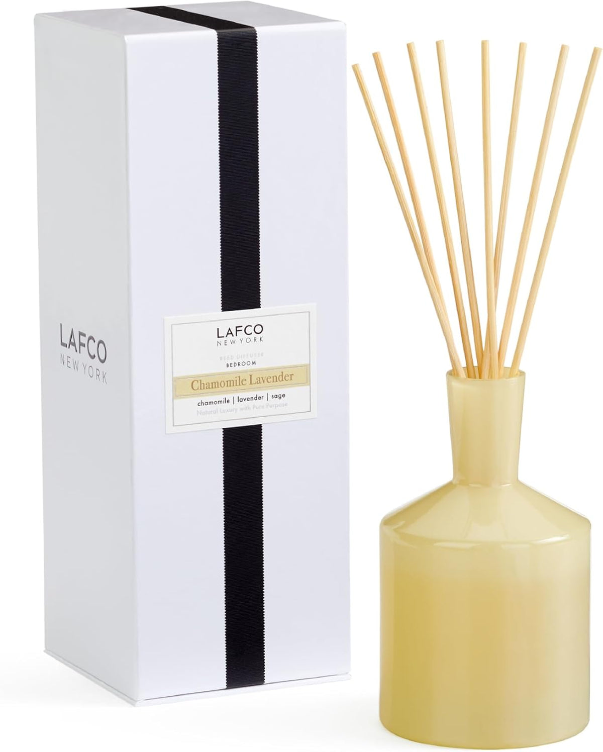 LAFCO New York Classic Reed Diffuser, Chamomile Lavender - 6 oz - Up to 3 Months Fragrance Life - Reusable, Hand Blown Glass Vessel - Natural Wood Reeds - Made in the USA