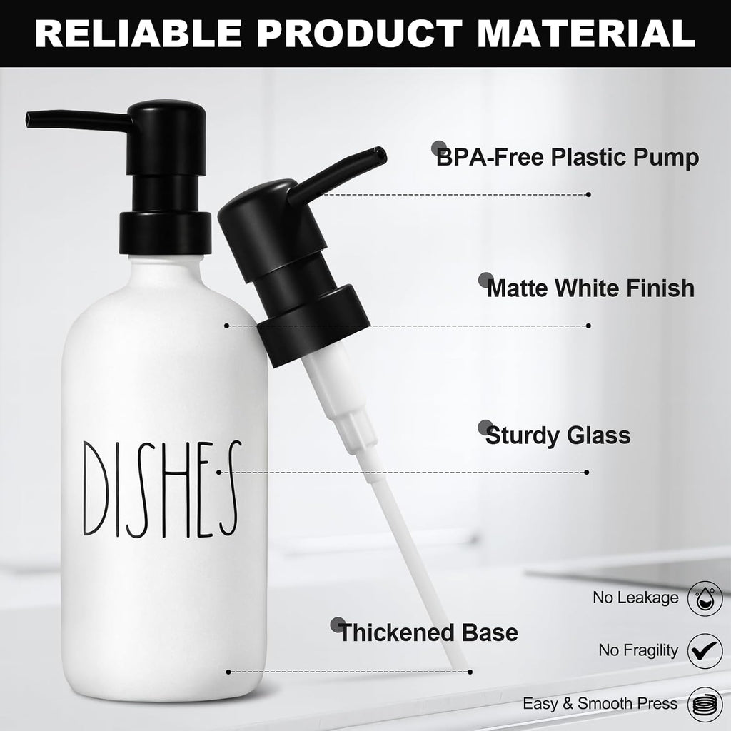 Hand and Dish Soap Dispenser Set, Kitchen Soap Dispenser Set with Sponge Holder, White Glass Dish Soap Dispenser for Kitchen with Pump, Instant Dry Tray, 17 fl oz Farmhouse Kitchen Decor
