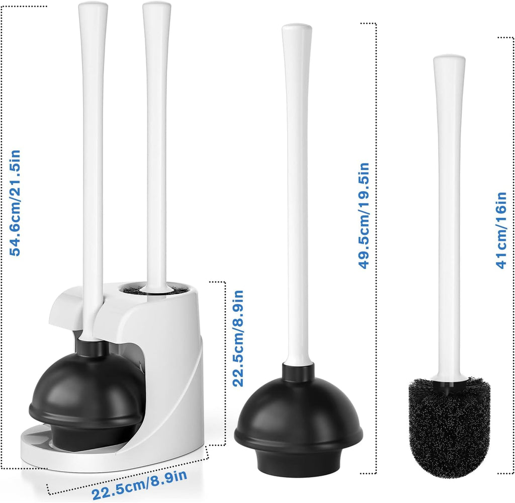 Toilet Plunger and Brush, Bowl Brush and Heavy Duty Toilet Plunger Set with Ventilated Holder, 2-in-1 Bathroom Cleaning Combo with Modern Caddy Stand for 5.7-inch Toilet Drain(White)