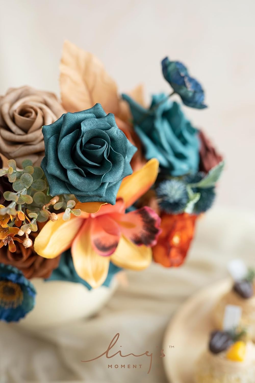 Ling's moment Fake Flowers Box, Teal & Burnt Orange, Mini Combo