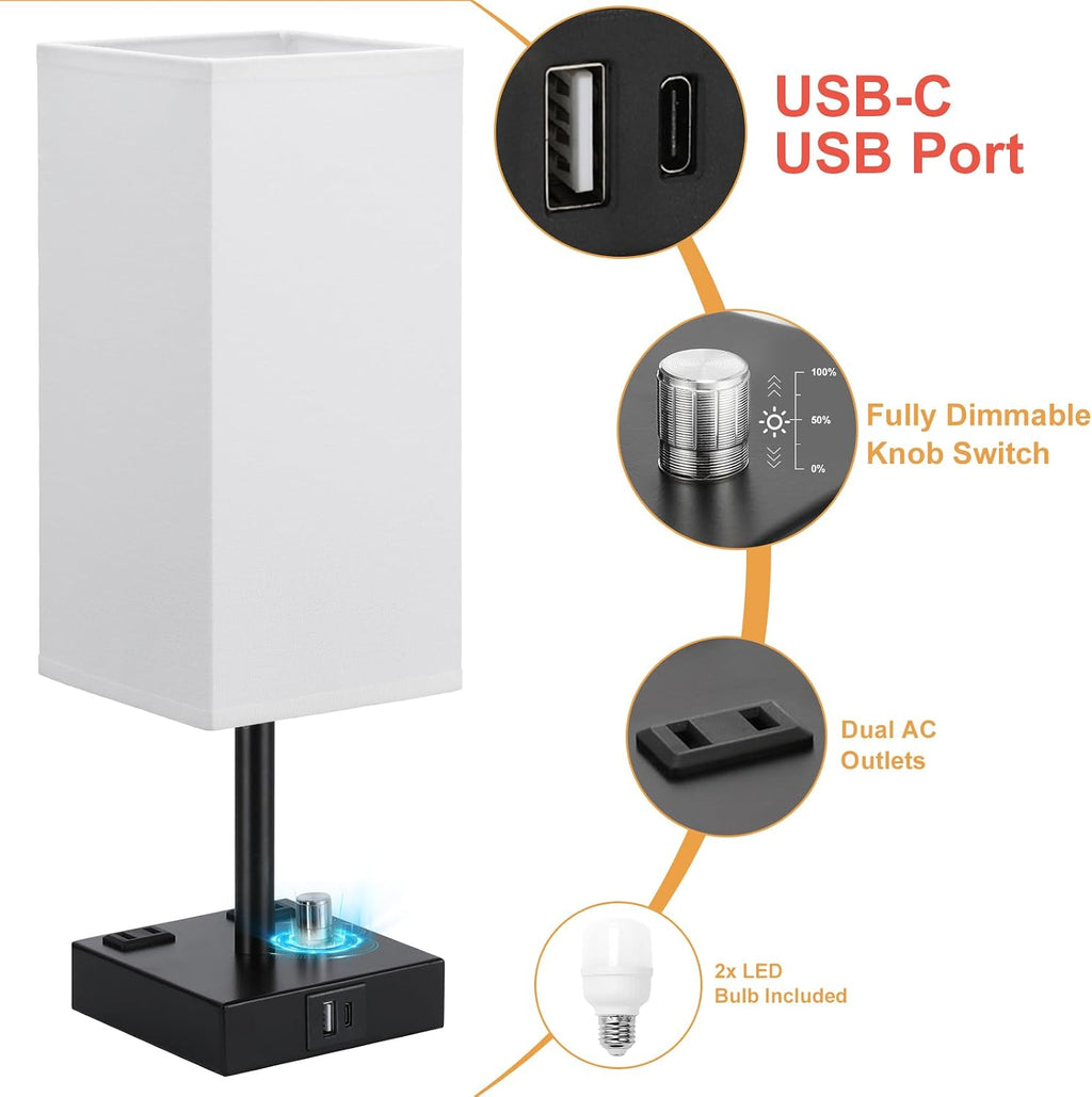 White Bedside Table Lamps Set of 2 - Dimmable, USB C+A, 2 AC Outlets