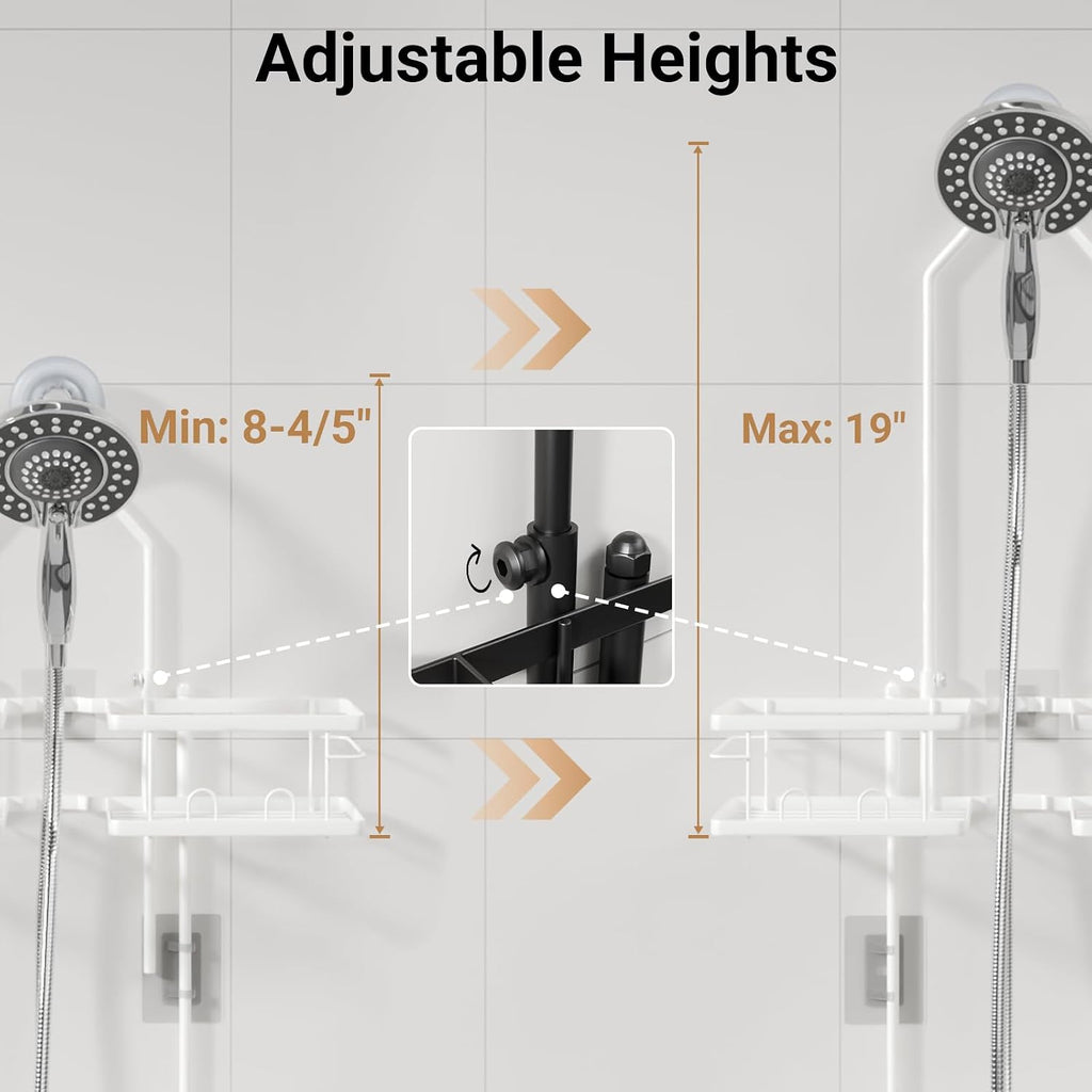 Adjustable Shower Caddy Hanging Rustproof Shower Caddy for Handheld Showerheads, Shower Organizer with Hooks Soap Holder, Anti-Swing Shower Rack Bathroom Accessories (White)