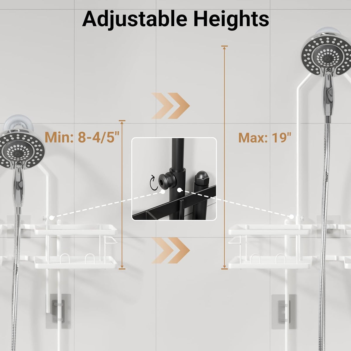 Adjustable Shower Caddy Hanging Rustproof Shower Caddy for Handheld Showerheads, Shower Organizer with Hooks Soap Holder, Anti-Swing Shower Rack Bathroom Accessories (White)
