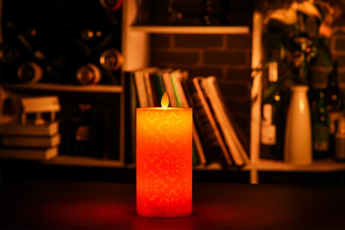 Flameless Candle, Real Wax LED Candle, Safety RGB Light, Run by 2 AA Batteries(not Included), Ivory Wax, D: 3.2'', H: 6.3'', Floral Pattern, Dancing Flame, Remote to Multi Color, 4H 8H Timer, Flicker