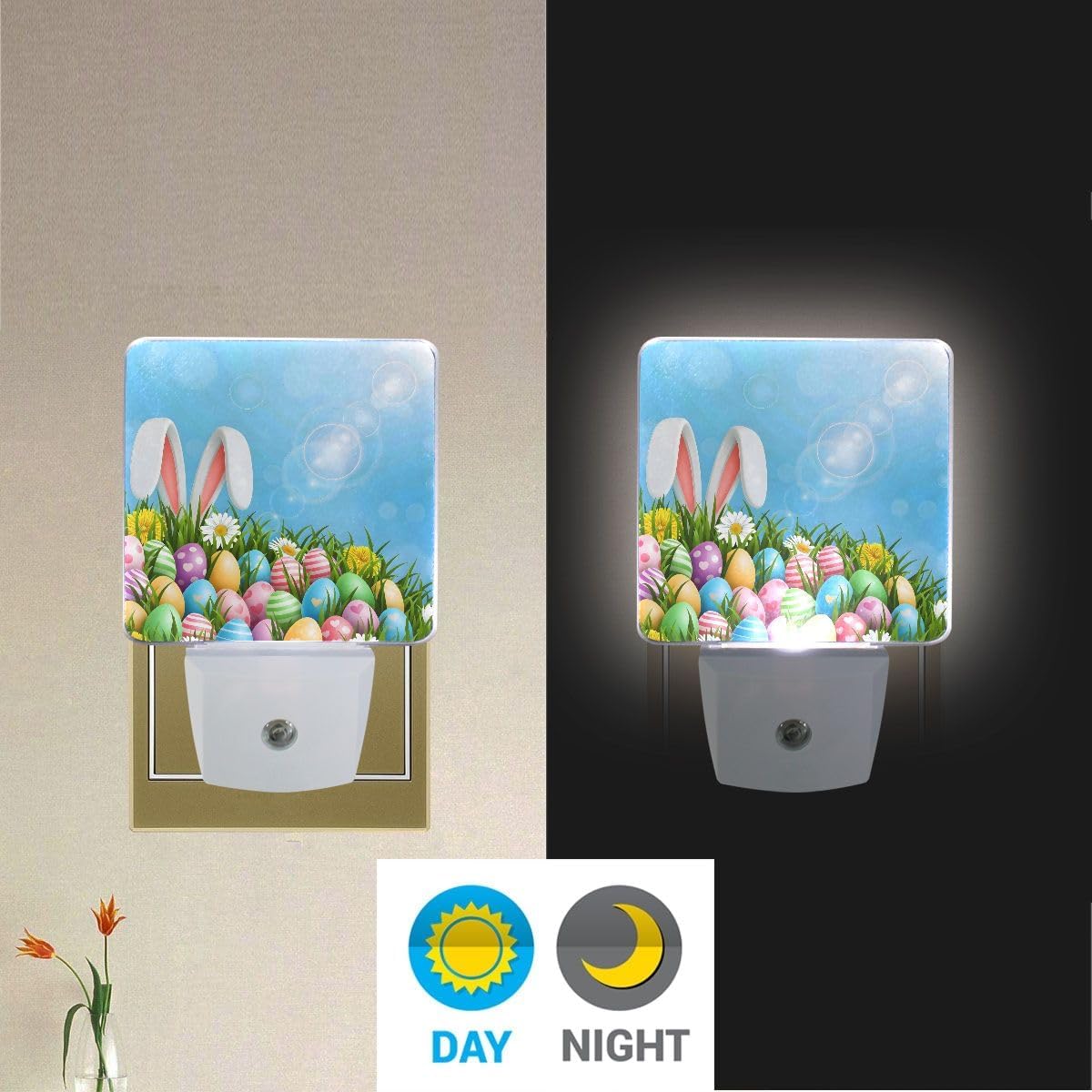 Easter Colorful Eggs Rabbit Night Light Set of 2 Nightlights Plug-in LED Nightlight Auto Dusk-to-Dawn Sensor Lamp for Bedroom Bathroom Home Decor