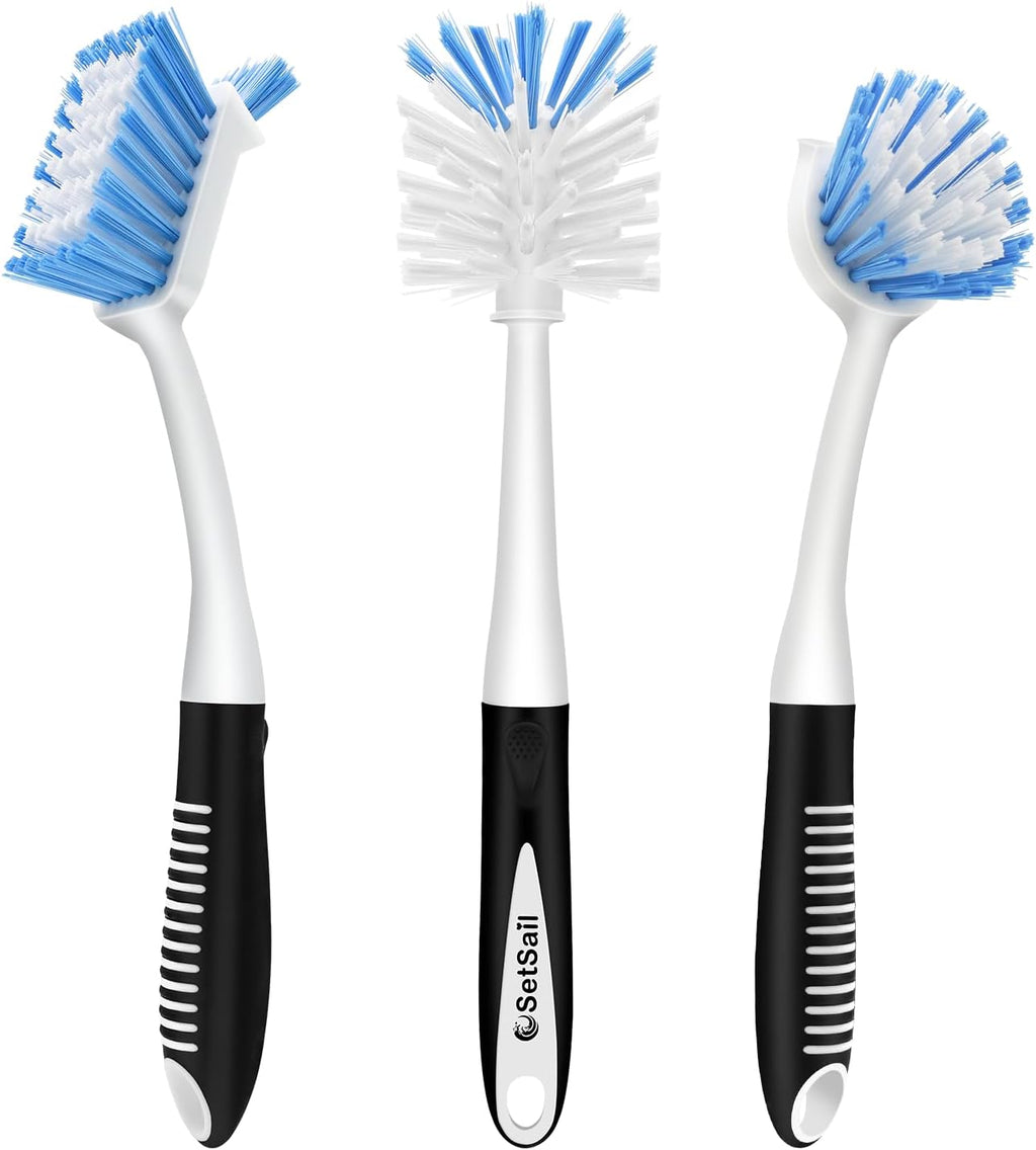 SetSail 3 Pack Dish Brush Set, Long Handle Kitchen Scrub Brush(Black Blue)
