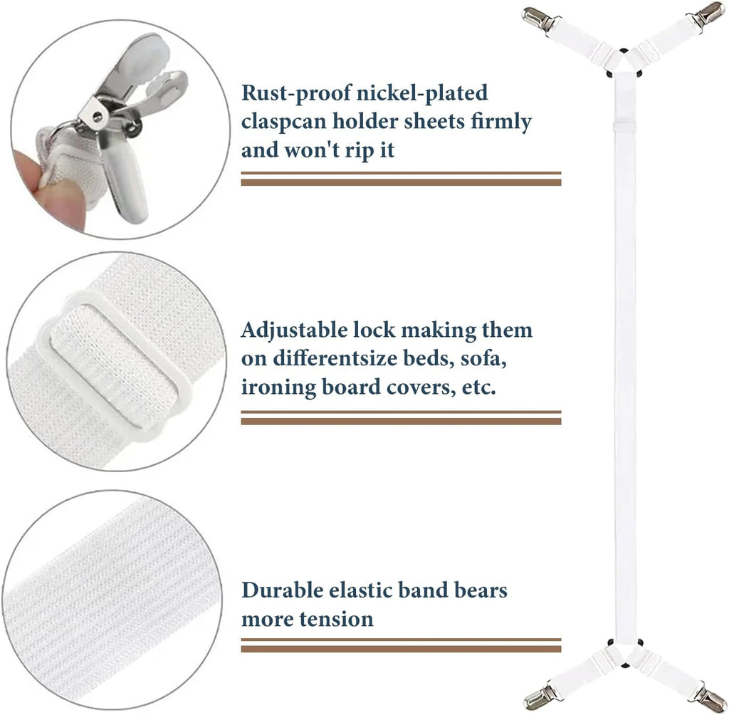 Consss Bed Sheet Straps, Adjustable Durable Bed Sheet Holder Straps with Metal Clips, Elastic Sheet Holders Keep Sheets Firm & Tight 2PCS White