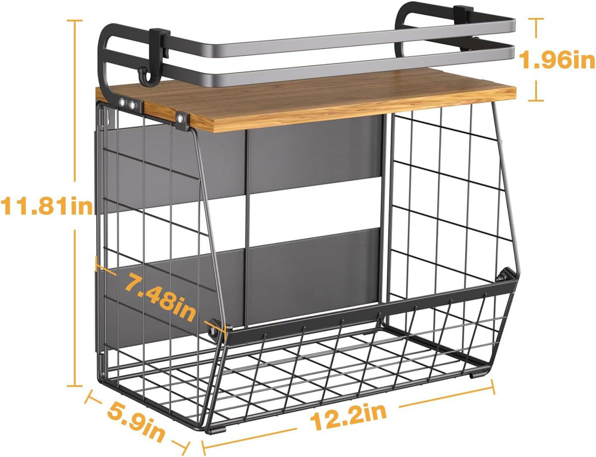Magnetic Shelf for Fridge with Wood Lid, Large Capacity Magnetic Spice Rack for Refrigerator Kitchen Storage Bin for Fruit, Onion, Potatoes, Storage Organizer for Counter & Cabinet, Wire Basket