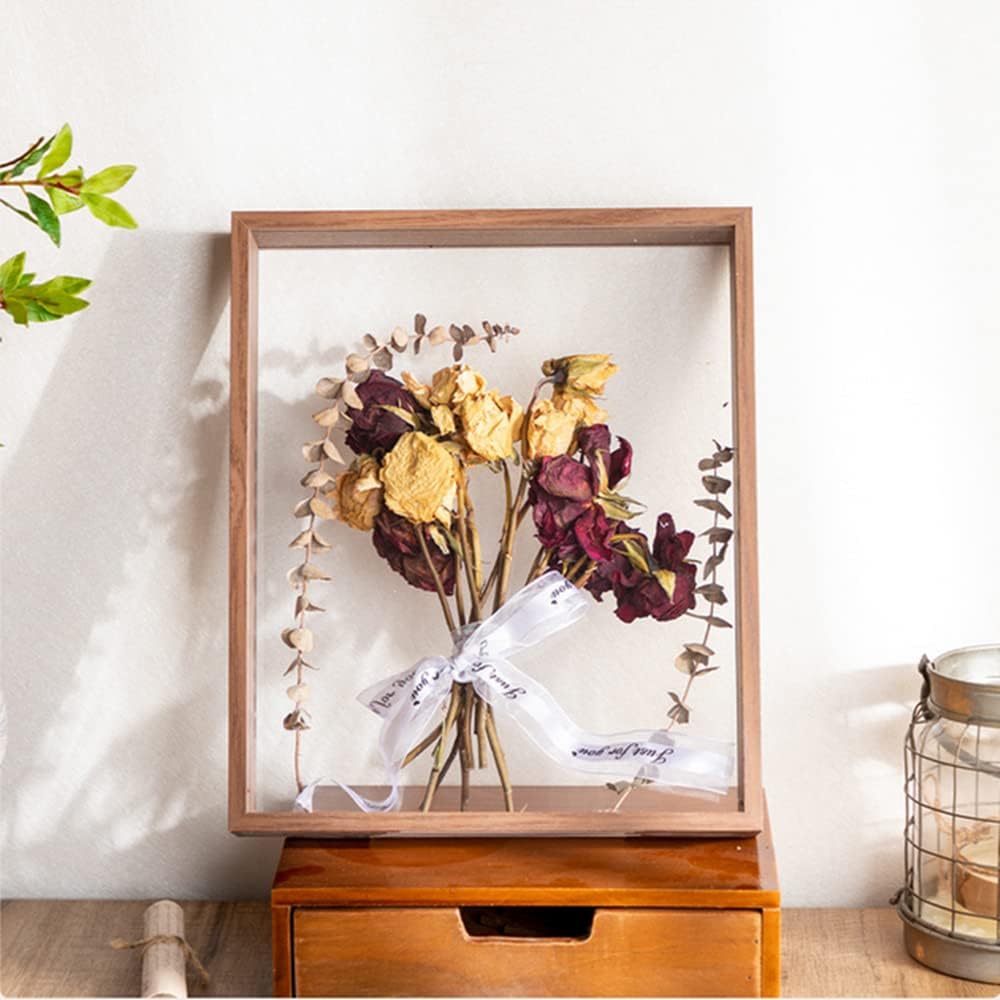 Wooden Dried Flower Photo Frame Dried Flower Display Stand Decorative Floating Photo Frame,Double Sided Plexiglass Shadow Box Picture Frame,for Display Dried Flowers,Handicrafts (Walnut color-8x12)