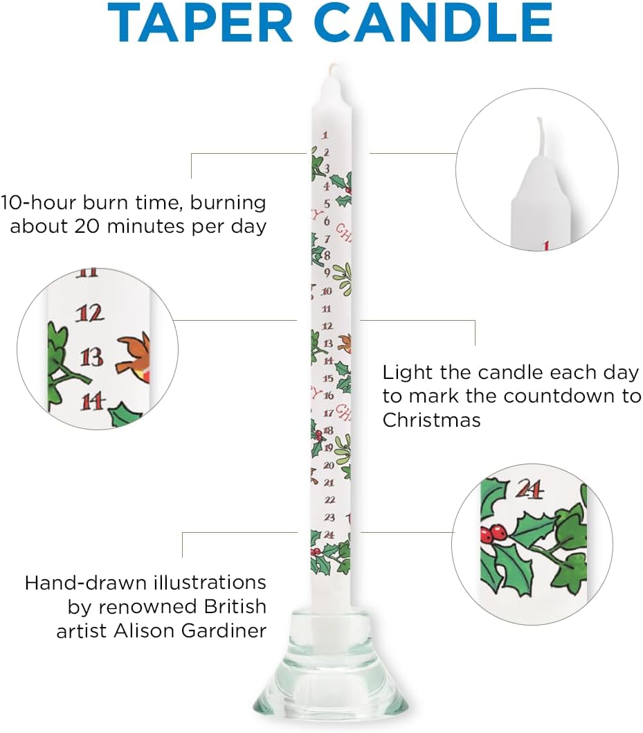 Alison Gardiner Merry Christmas Holly & the Ivy Advent Taper Candle 10hr Burn