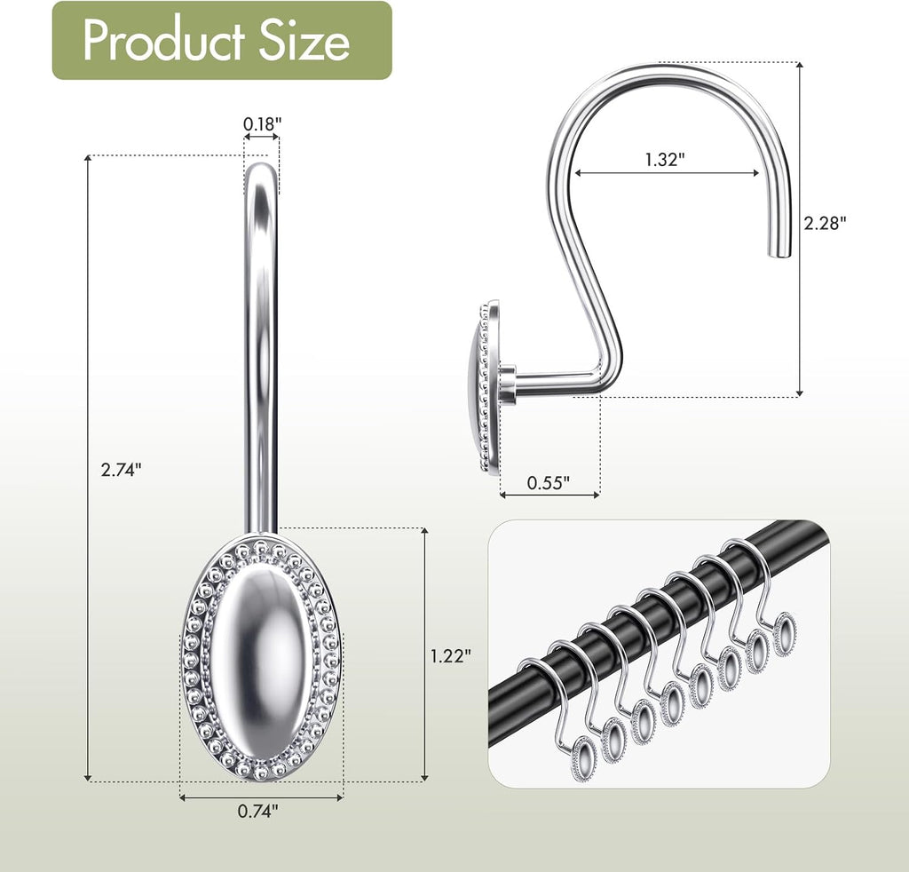 AmazerBath Chrome Shower Curtain Hooks, 12PCS Rust Proof Shower Curtain Rings, Decorative Modern Shower Curtain Hangers, Elliptical Heavy Duty Design Convenient for Bathroom Kitchen Wardrobe
