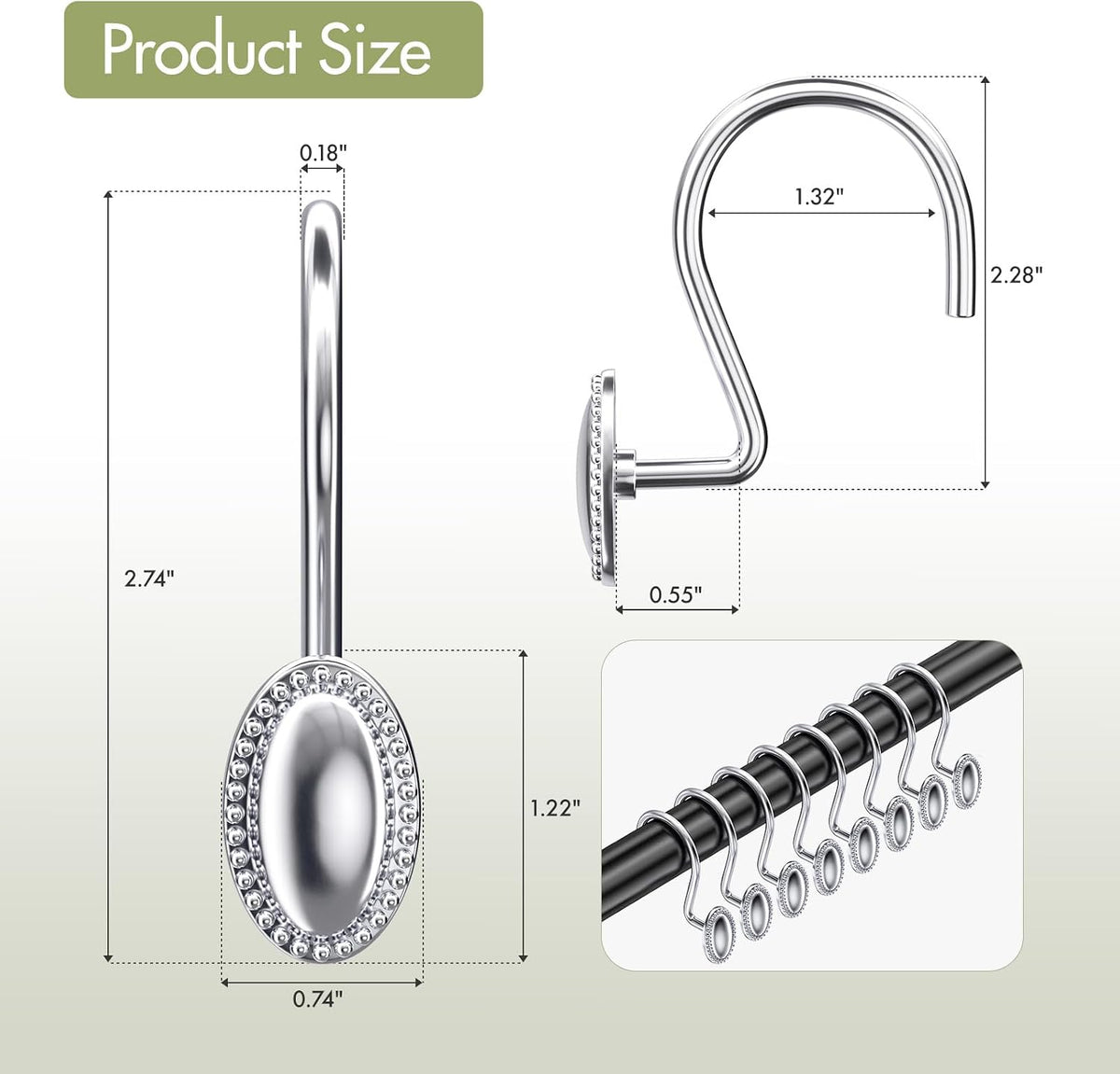 AmazerBath Chrome Shower Curtain Hooks, 12PCS Rust Proof Shower Curtain Rings, Decorative Modern Shower Curtain Hangers, Elliptical Heavy Duty Design Convenient for Bathroom Kitchen Wardrobe