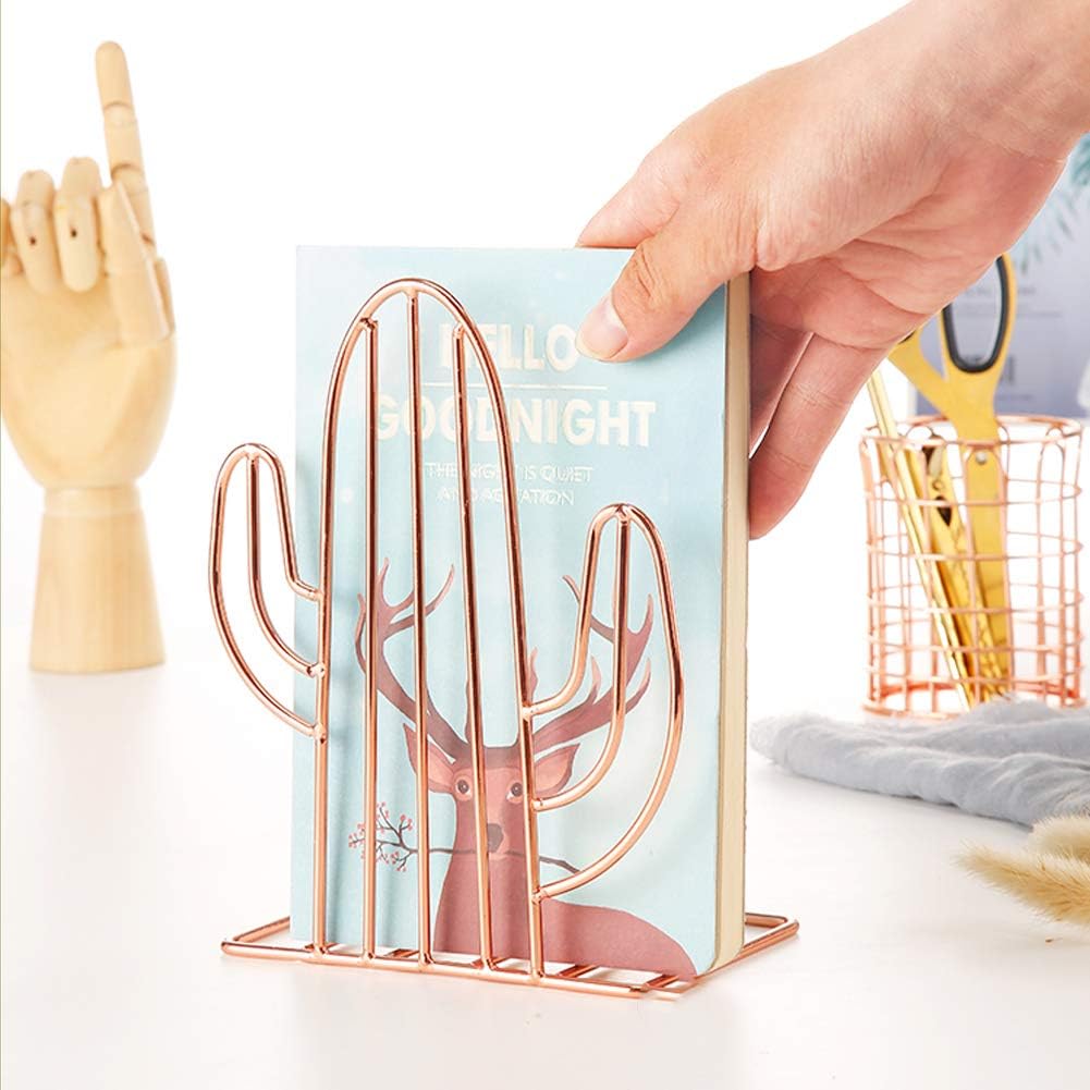 Winterworm Metal Bookends Book Ends Heavy Duty Modern Decorative for Bedroom Library Office School Book Display Desktop Organizer Gift (Cactus Rose Gold)