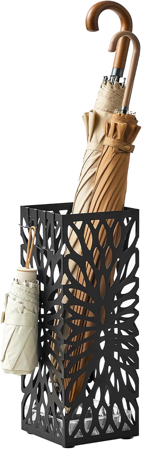 SONGMICS Umbrella Stand, Steel Square, Detachable Drip Tray, 4 Hooks