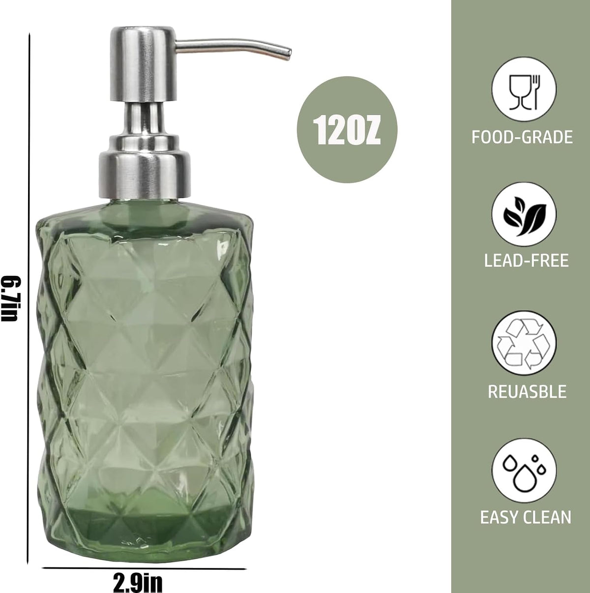 12Oz Green Glass Soap Dispenser, Liquid Hand Bottle, Stainless Steel Pump