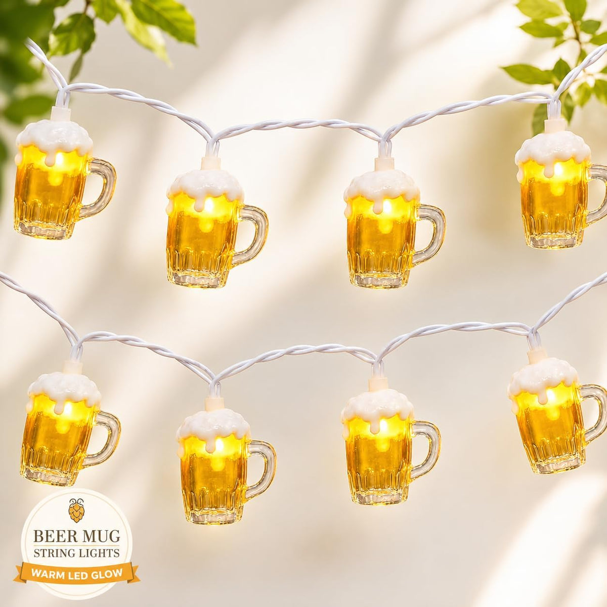 Beer String Lights Outdoor, 12.5FT Summer Decorative Camping String Lights with 10 3D Beer Mug Lights, Plug in Connectable Novelty Fairy Lights for Tropical Themed Wedding Bistro Bar Party Decor