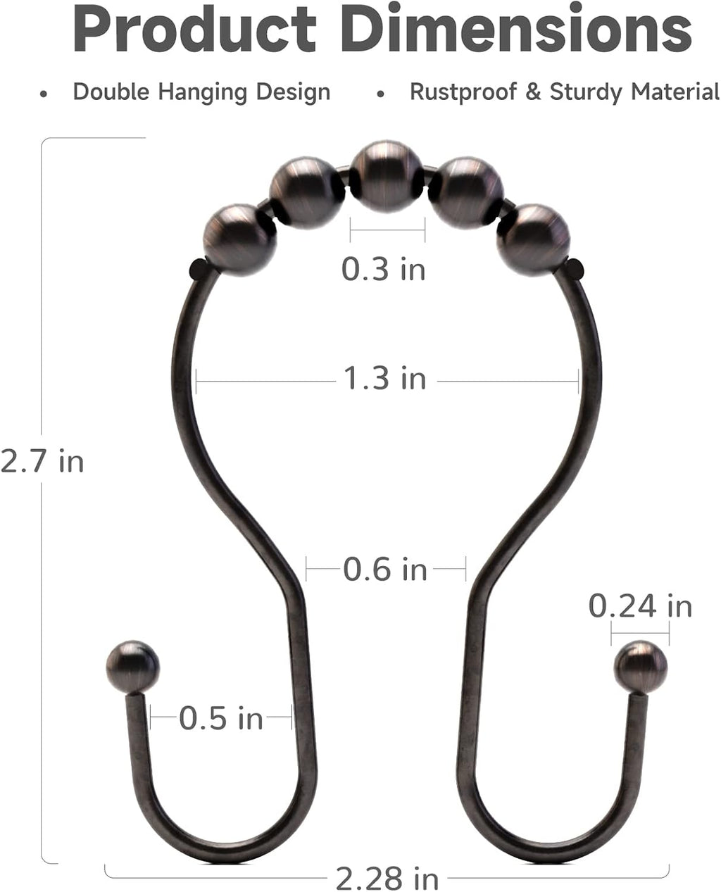 Bathway Shower Curtain Hooks Bronze Shower Curtain Rings Rust Proof Double Hook Shower Curtain Hooks, 12 Pcs Shower Hooks for Shower Curtain, Shower Rings for Curtain Bathroom, Metal Shower Rod Hooks